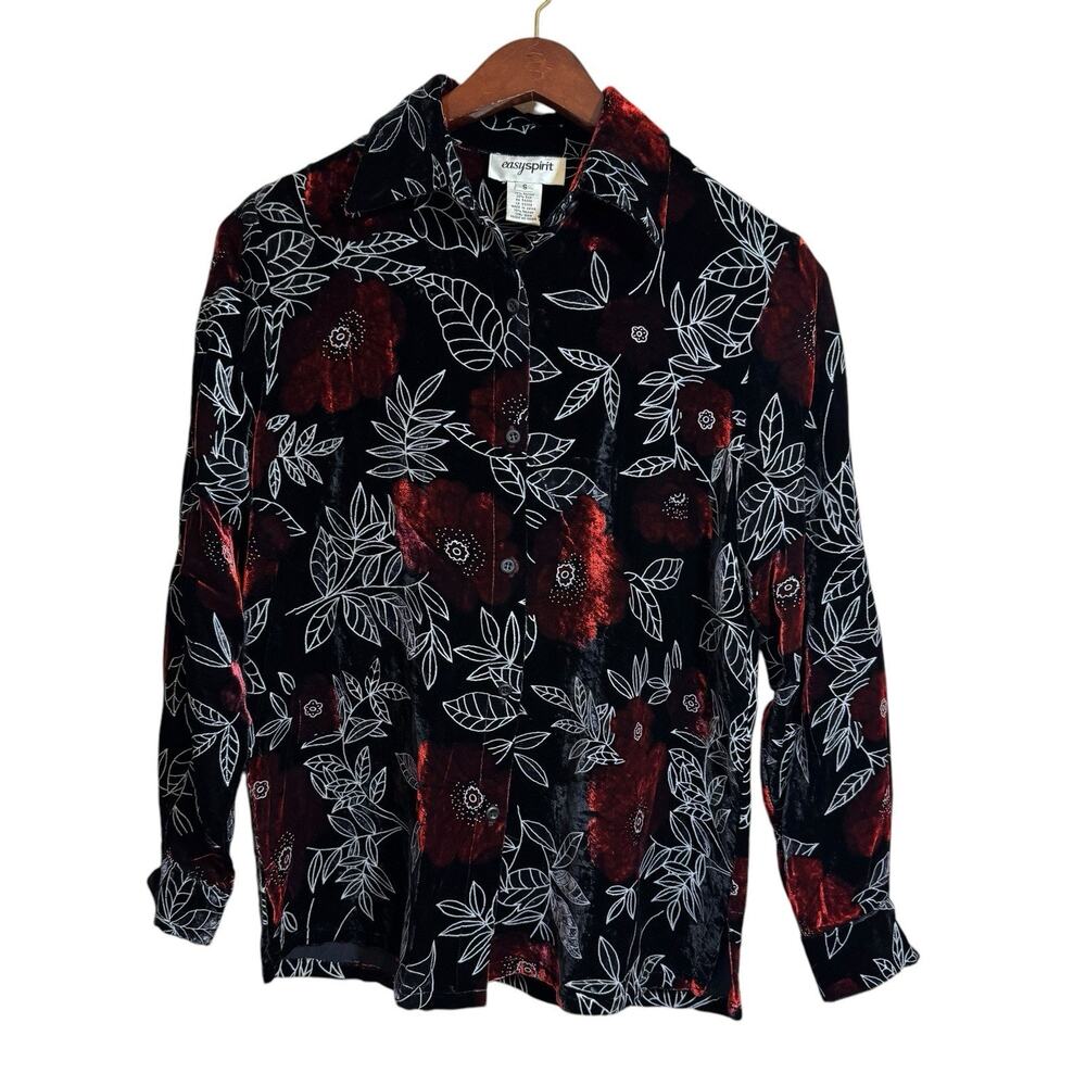 Vintage Y2K Easy Spirit Silk Velvet Top  Floral Button Up Size Small Witchy Goth